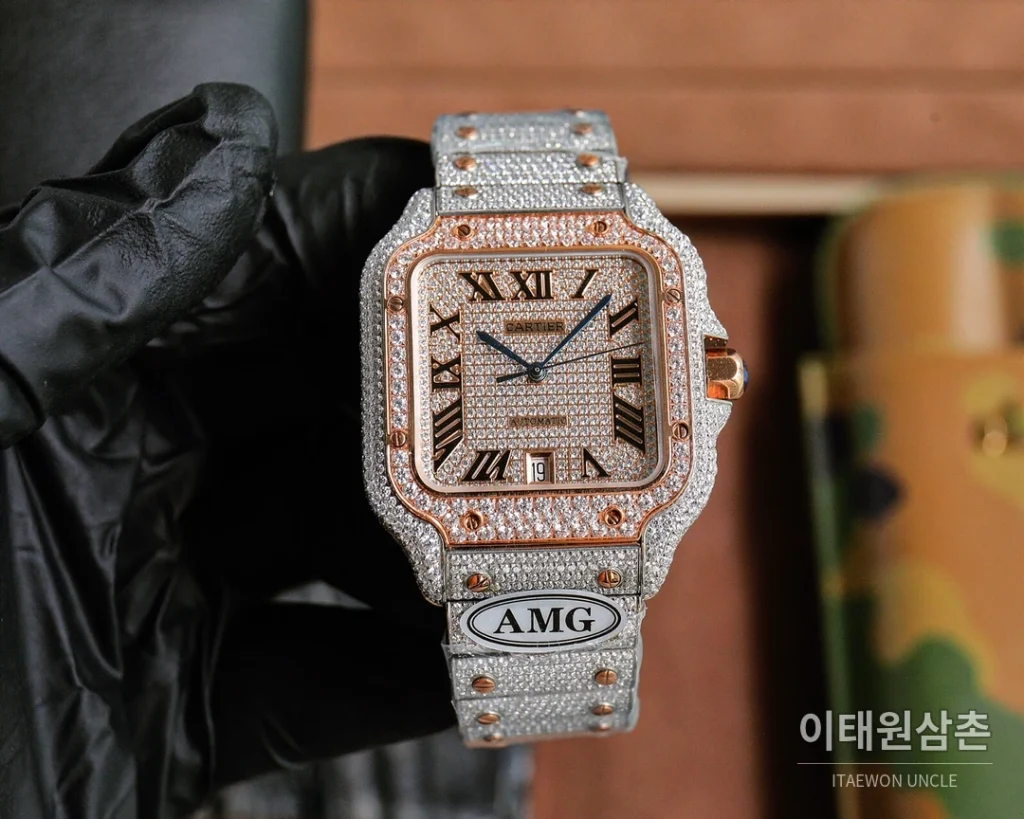 까르띠에 산토스 스틸 풀다이아 블루핸즈 오토매틱 40mm 샴페인 다이얼 스틸 브레이슬릿 골드 베젤