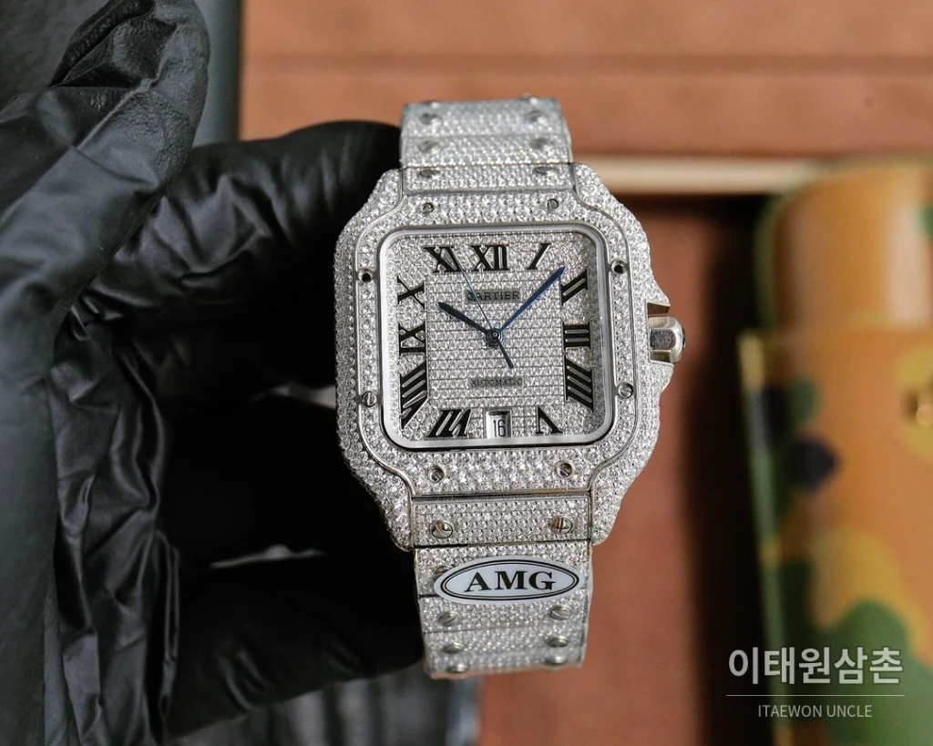 까르띠에 산토스 스틸 풀다이아 블루핸즈 오토매틱 40mm 샴페인 다이얼 스틸 브레이슬릿 골드 베젤