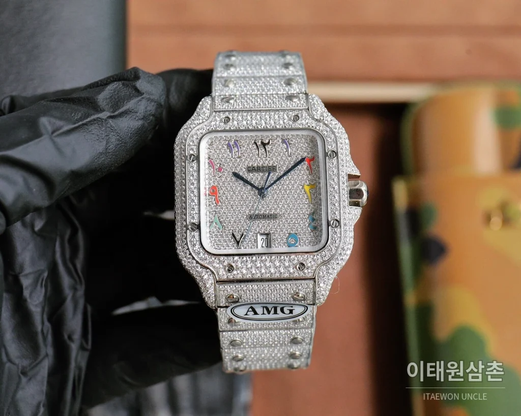까르띠에 산토스 스틸 풀다이아 블루핸즈 오토매틱 40mm 샴페인 다이얼 스틸 브레이슬릿 골드 베젤