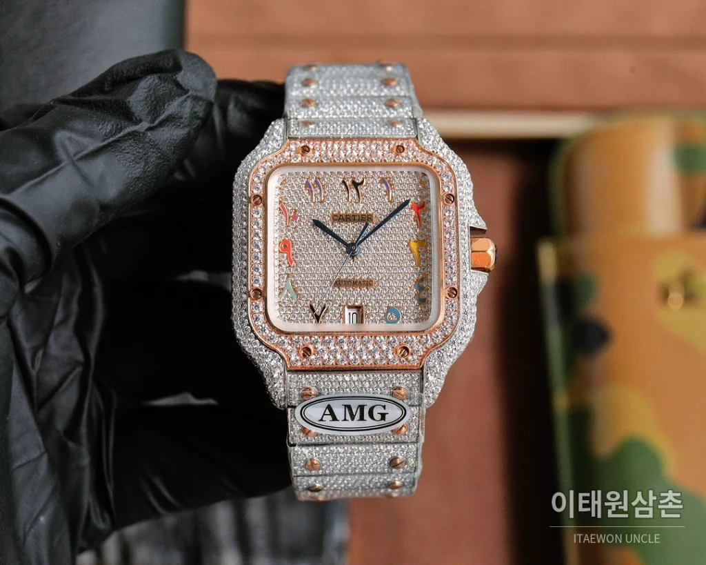 까르띠에 산토스 스틸 풀다이아 블루핸즈 오토매틱 40mm 샴페인 다이얼 스틸 브레이슬릿 로즈골드 베젤