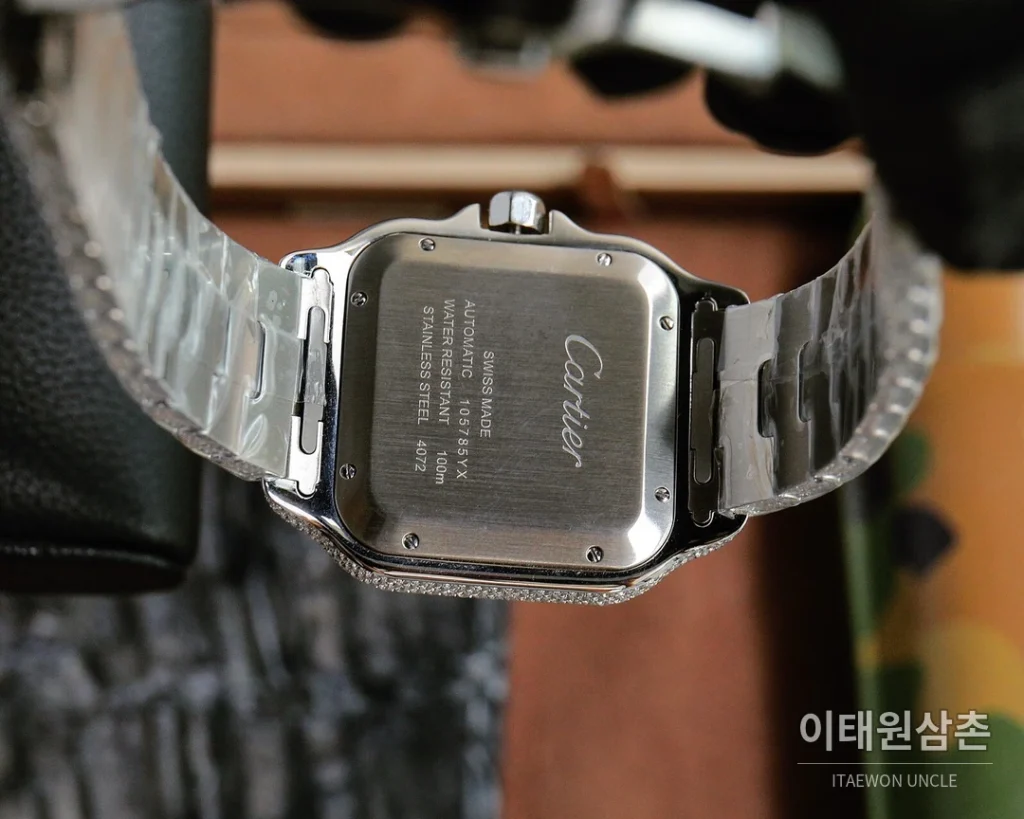 까르띠에 산토스 스틸 풀다이아 블루핸즈 오토매틱 40mm 화이트 다이얼 스틸 브레이슬릿 실버 베젤