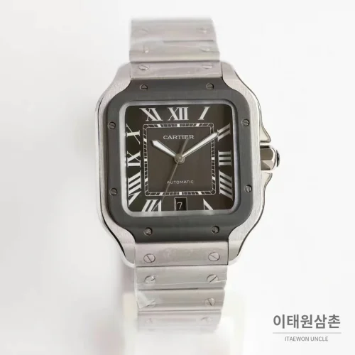 까르띠에 산토스 스틸 로마인덱스 브레이슬릿 오토매틱 39.8mm 그레이 다이얼