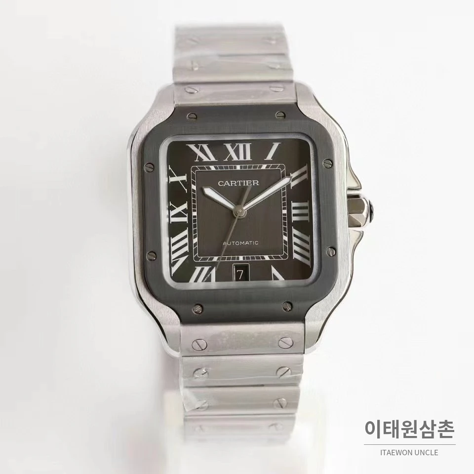 까르띠에 산토스 스틸 로마인덱스 브레이슬릿 오토매틱 39.8mm 그레이 다이얼