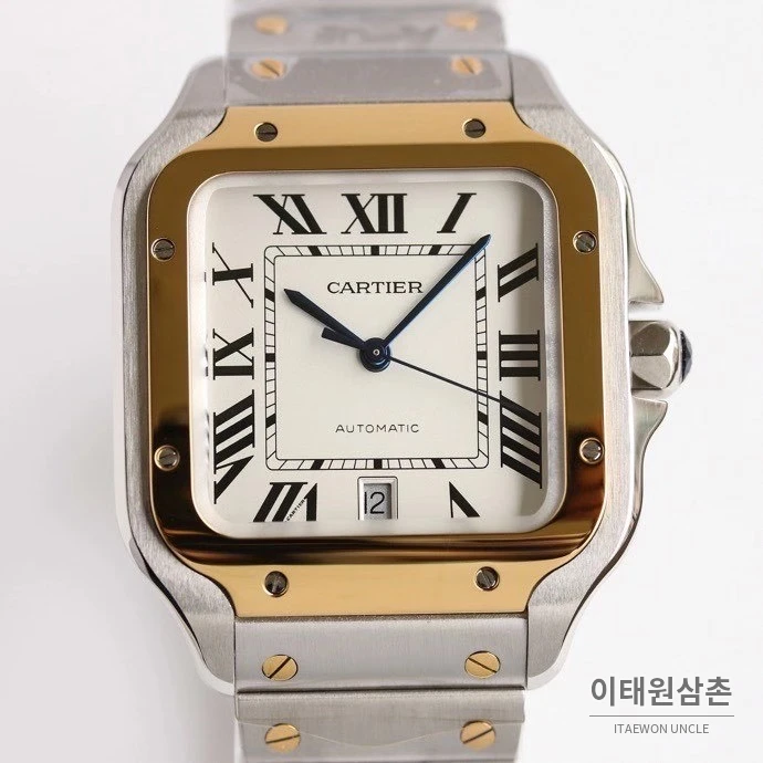 까르띠에 산토스 스틸 로마인덱스 브레이슬릿 오토매틱 39.8mm 화이트 다이얼