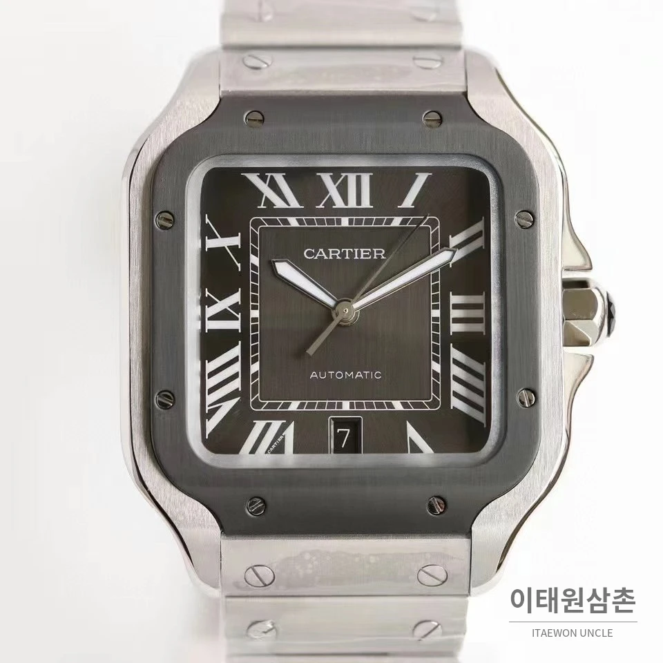 까르띠에 산토스 스틸 로마인덱스 브레이슬릿 오토매틱 39.8mm 그레이 다이얼