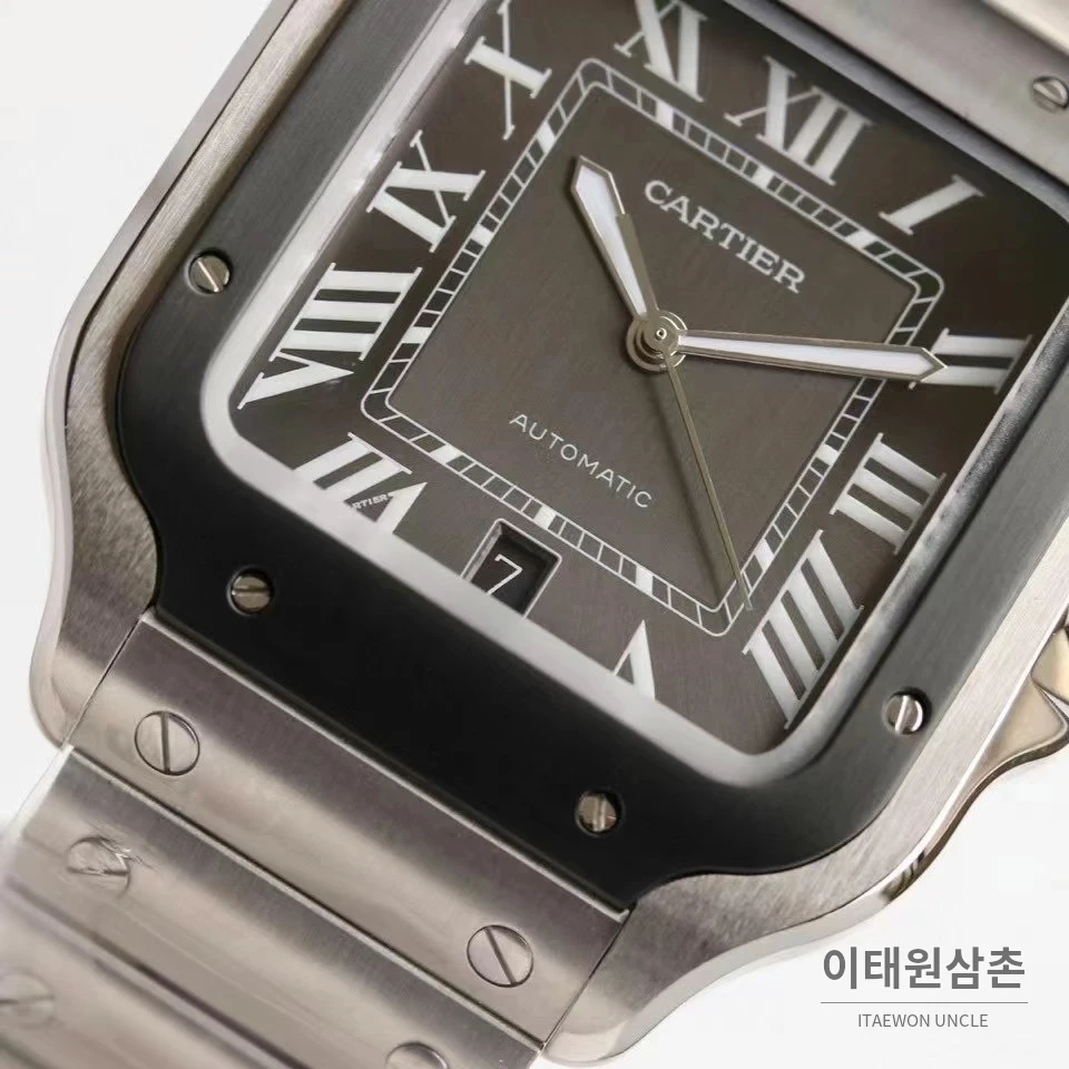 까르띠에 산토스 스틸 로마인덱스 브레이슬릿 오토매틱 39.8mm 그레이 다이얼