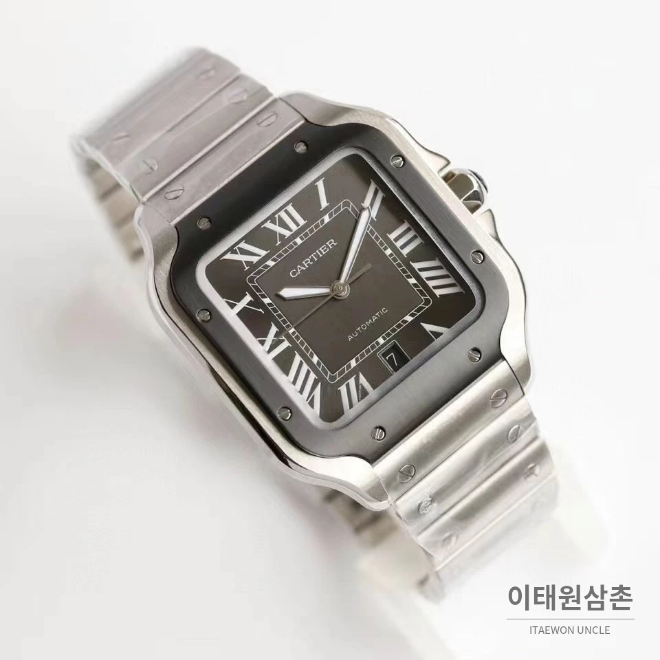 까르띠에 산토스 스틸 로마인덱스 브레이슬릿 오토매틱 39.8mm 그레이 다이얼