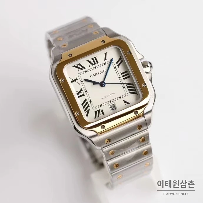 까르띠에 산토스 스틸 로마인덱스 브레이슬릿 오토매틱 39.8mm 화이트 다이얼