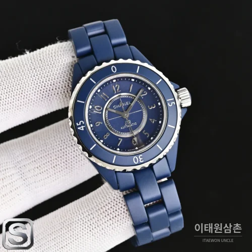 샤넬 J12 블루 오토매틱 세라믹 브레이슬릿 실버 베젤