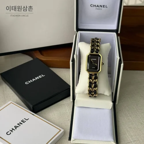 샤넬 프리미에르 스틸 레더 브레이슬릿 쿼츠 여성시계 20mm 블랙 다이얼 골드 베젤 샤넬 프리미에르 스틸 레더 브레이슬릿 쿼츠 여성시계 20mm 블랙 다이얼 골드 베젤