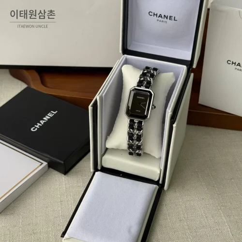 샤넬 프리미에르 스틸 레더 브레이슬릿 쿼츠 여성시계 20mm 블랙 다이얼 실버 베젤