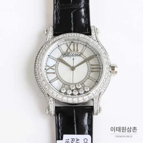 쇼파드 해피스포트 스틸 다이아몬드 자개다이얼 플로팅젬 오토매틱 36mm 화이트 (2) 쇼파드 해피스포트 스틸 다이아몬드 자개다이얼 플로팅젬 오토매틱 36mm 화이트 블랙 가죽 스트랩 실버 베젤