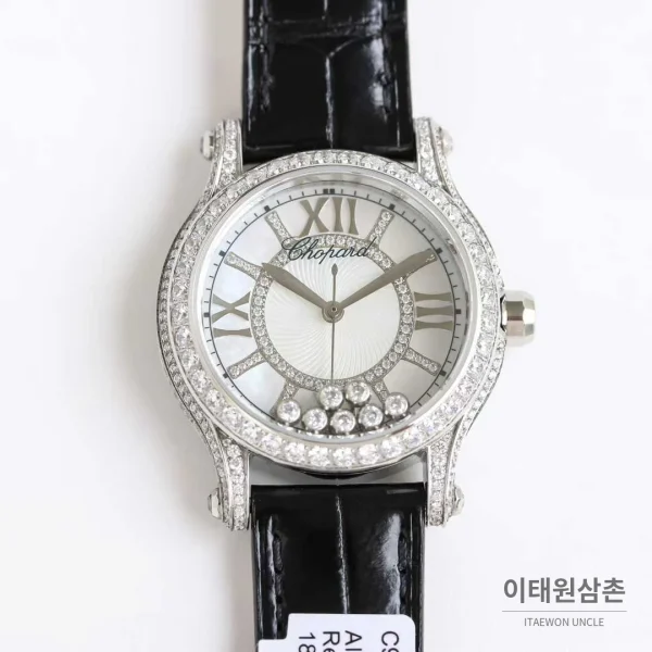 쇼파드 해피스포트 스틸 다이아몬드 자개다이얼 플로팅젬 오토매틱 36mm 화이트 블랙 가죽 스트랩 실버 베젤
