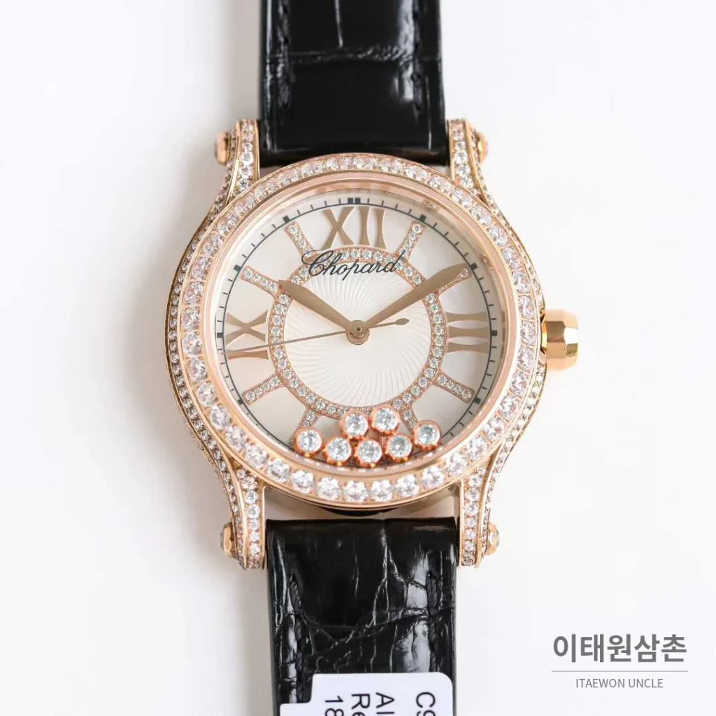 쇼파드 해피스포트 스틸 다이아몬드 자개다이얼 플로팅젬 오토매틱 36mm 화이트 블랙 가죽 스트랩 로즈골드 베젤