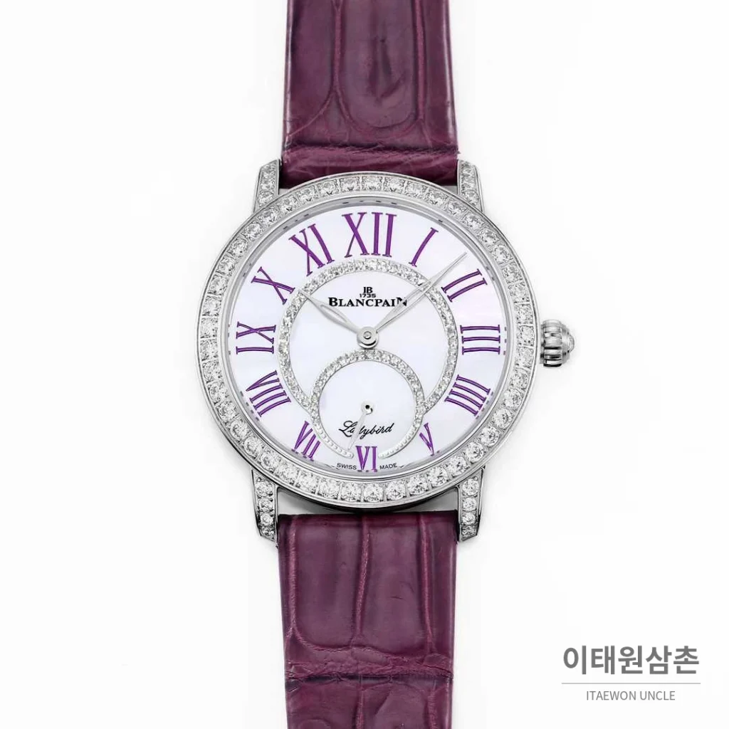 쇼파드 해피스포트 스틸 다이아몬드 자개다이얼 플로팅젬 오토매틱 36mm 화이트 퍼플 가죽 스트랩 실버 베젤