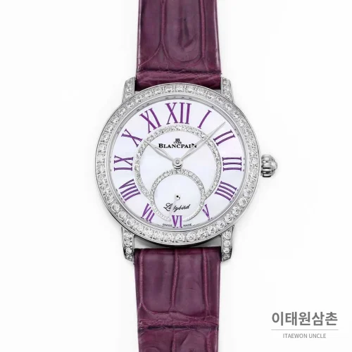 쇼파드 해피스포트 스틸 다이아몬드 자개다이얼 플로팅젬 오토매틱 36mm 화이트 (3) 쇼파드 해피스포트 스틸 다이아몬드 자개다이얼 플로팅젬 오토매틱 36mm 화이트 퍼플 가죽 스트랩 실버 베젤