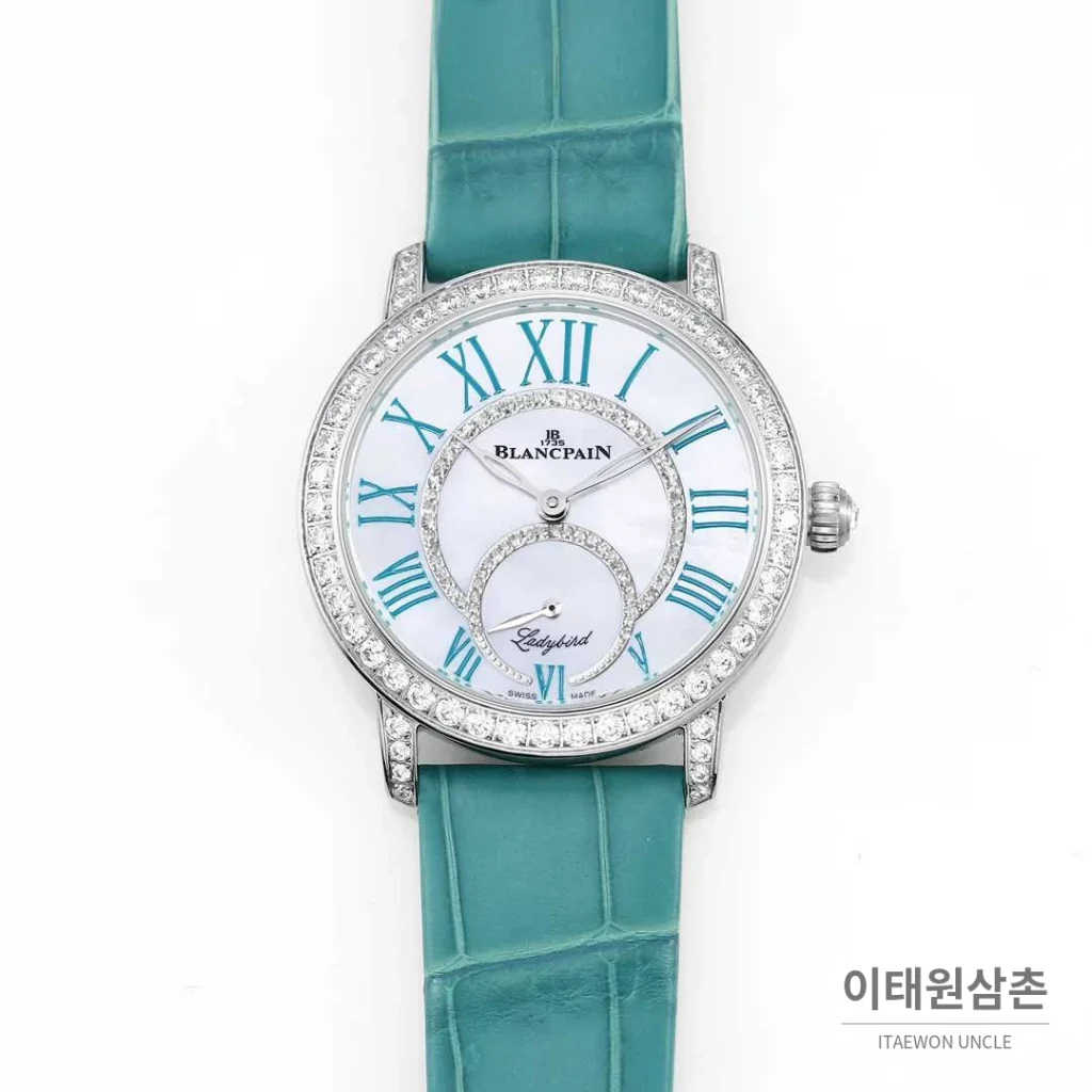 쇼파드 해피스포트 스틸 다이아몬드 자개다이얼 플로팅젬 오토매틱 36mm 화이트 민트 가죽 스트랩 실버 베젤