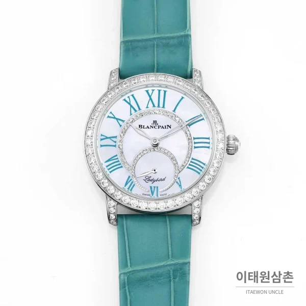 쇼파드 해피스포트 스틸 다이아몬드 자개다이얼 플로팅젬 오토매틱 36mm 화이트 민트 가죽 스트랩 실버 베젤