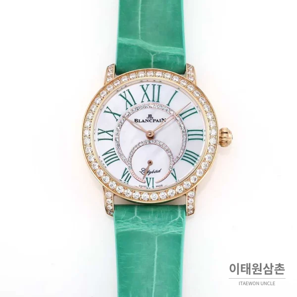 쇼파드 해피스포트 스틸 다이아몬드 자개다이얼 플로팅젬 오토매틱 36mm 화이트 (5) 쇼파드 해피스포트 스틸 다이아몬드 자개다이얼 플로팅젬 오토매틱 36mm 화이트 민트 가죽 스트랩 로즈골드 베젤