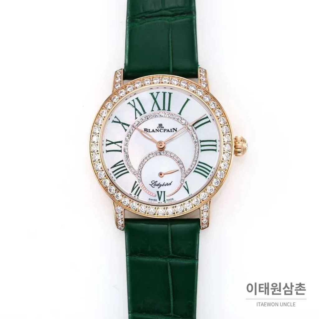 쇼파드 해피스포트 스틸 다이아몬드 자개다이얼 플로팅젬 오토매틱 36mm 화이트 그린 가죽 스트랩 로즈골드 베젤