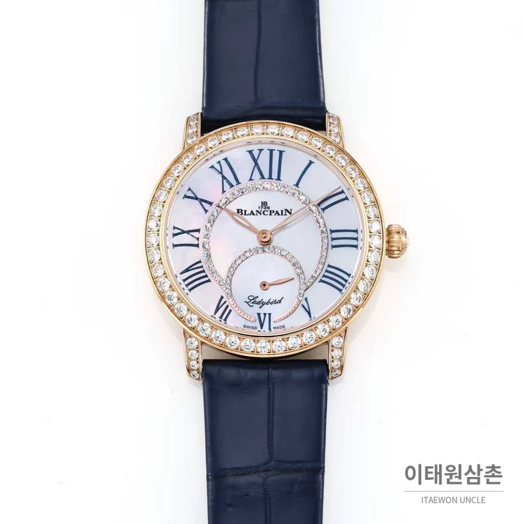 쇼파드 해피스포트 스틸 다이아몬드 자개다이얼 플로팅젬 오토매틱 36mm 화이트 네이비 가죽 스트랩 로즈골드 베젤