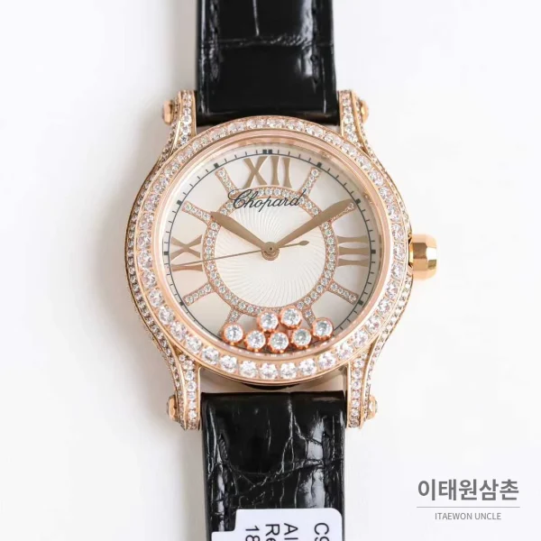 쇼파드 해피스포트 스틸 다이아몬드 자개다이얼 플로팅젬 오토매틱 36mm 화이트 블랙 가죽 스트랩 로즈골드 베젤