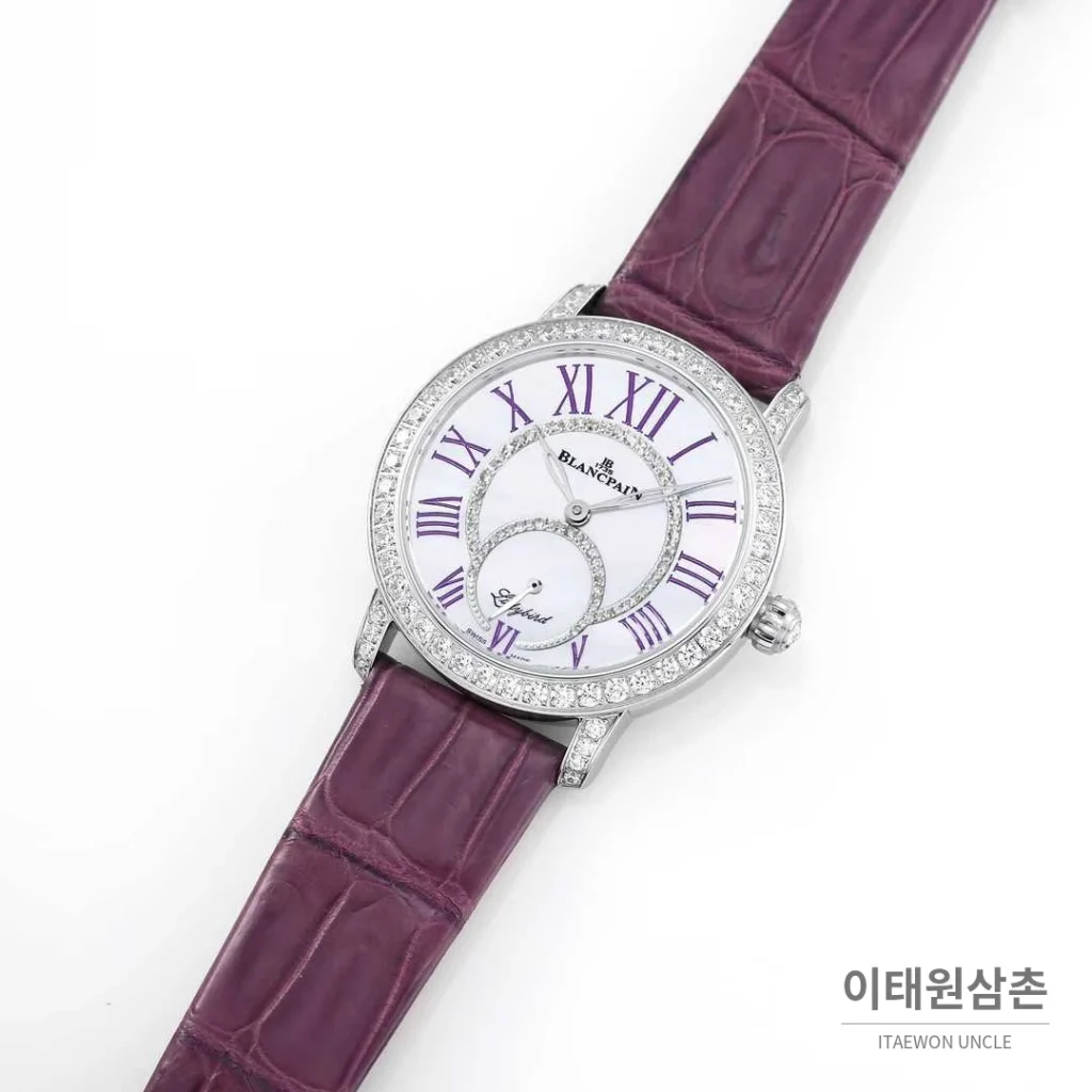 쇼파드 해피스포트 스틸 다이아몬드 자개다이얼 플로팅젬 오토매틱 36mm 화이트 퍼플 가죽 스트랩 실버 베젤