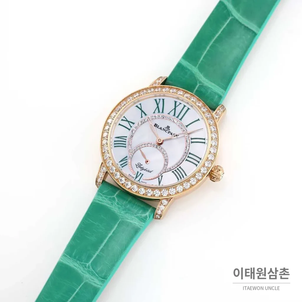 쇼파드 해피스포트 스틸 다이아몬드 자개다이얼 플로팅젬 오토매틱 36mm 화이트 민트 가죽 스트랩 로즈골드 베젤