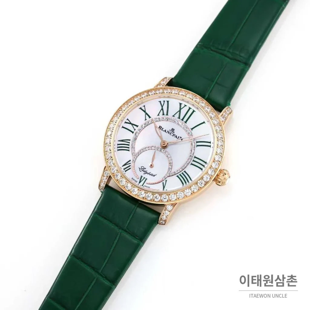 쇼파드 해피스포트 스틸 다이아몬드 자개다이얼 플로팅젬 오토매틱 36mm 화이트 그린 가죽 스트랩 로즈골드 베젤