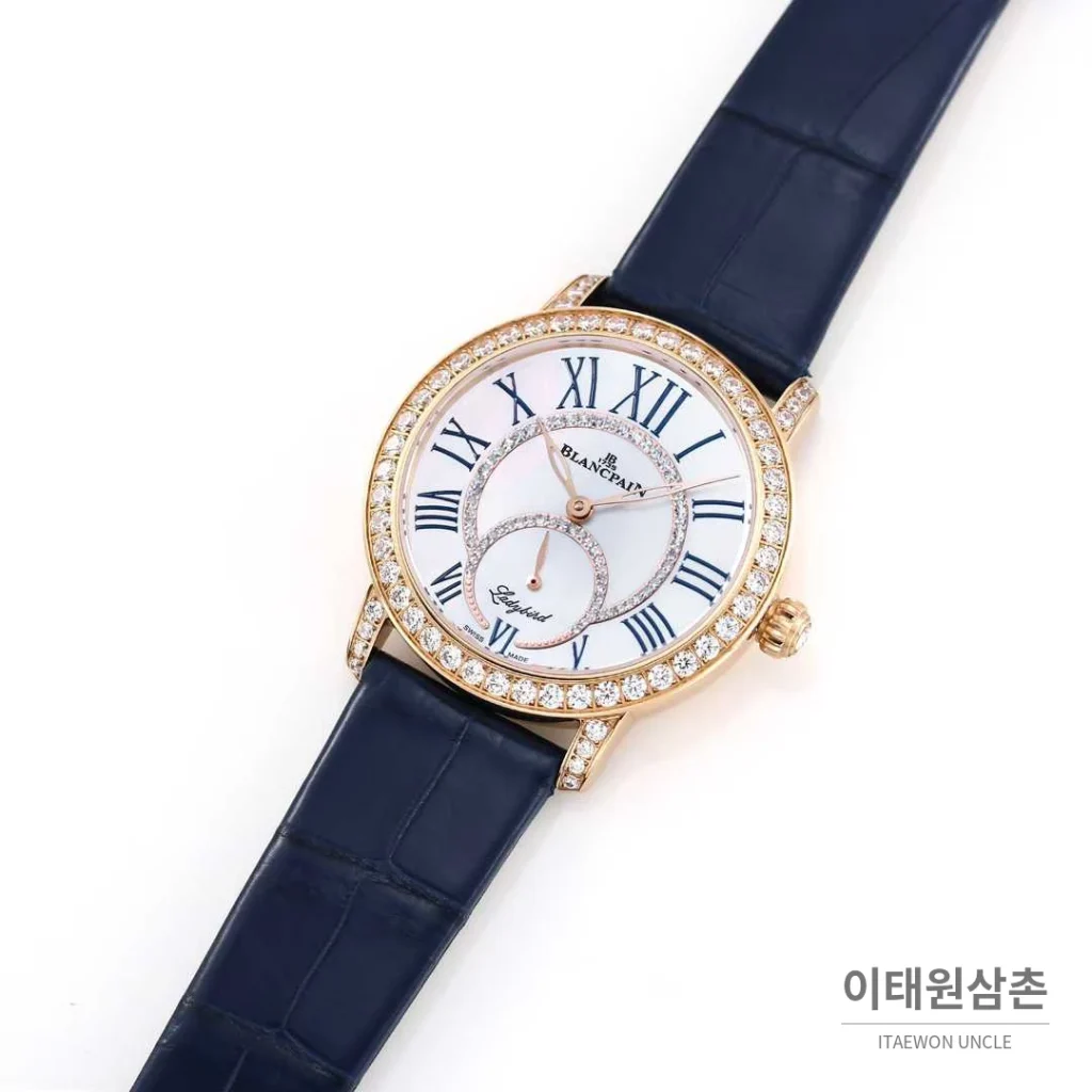 쇼파드 해피스포트 스틸 다이아몬드 자개다이얼 플로팅젬 오토매틱 36mm 화이트 네이비 가죽 스트랩 로즈골드 베젤