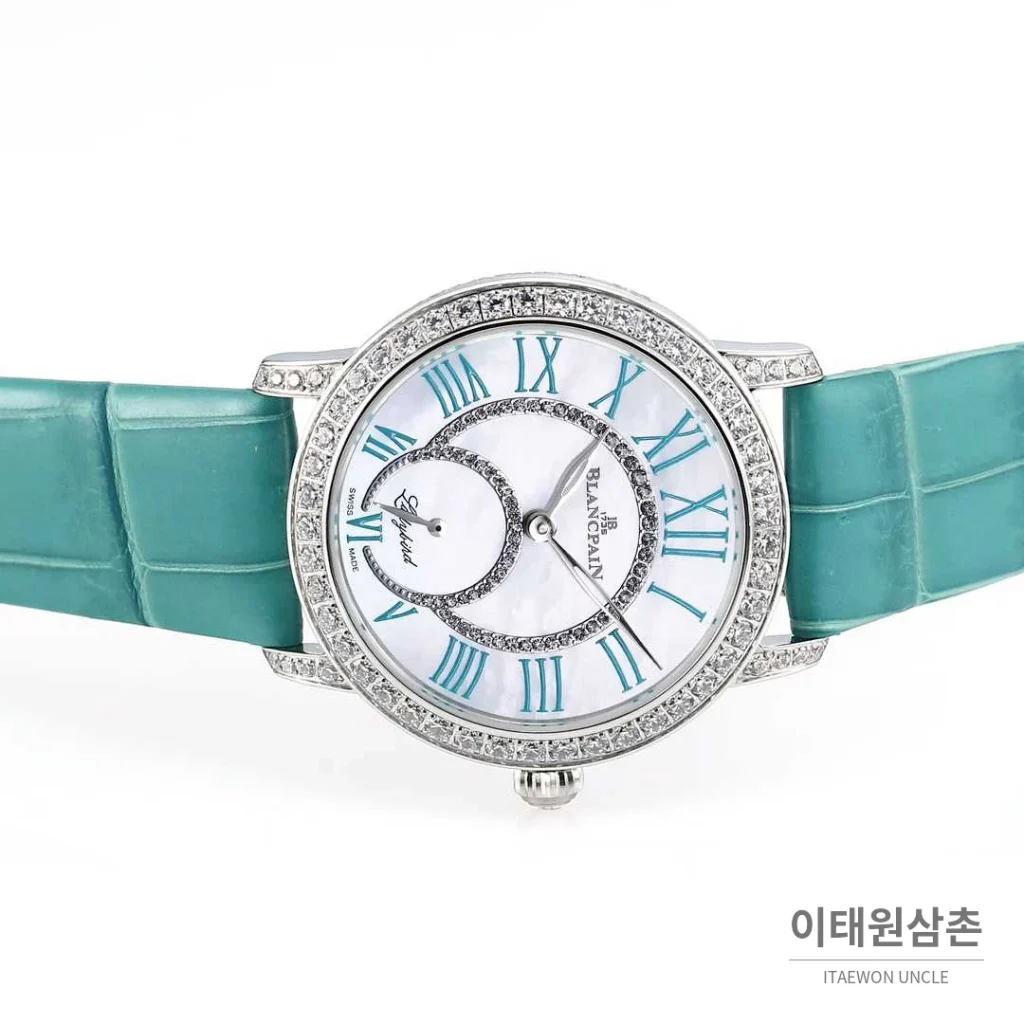 쇼파드 해피스포트 스틸 다이아몬드 자개다이얼 플로팅젬 오토매틱 36mm 화이트 민트 가죽 스트랩 실버 베젤