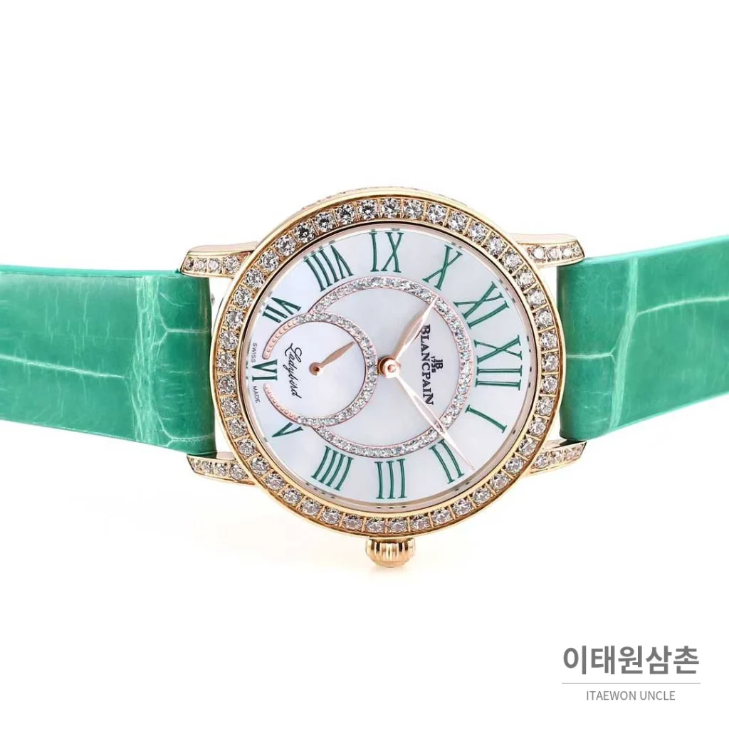 쇼파드 해피스포트 스틸 다이아몬드 자개다이얼 플로팅젬 오토매틱 36mm 화이트 민트 가죽 스트랩 로즈골드 베젤