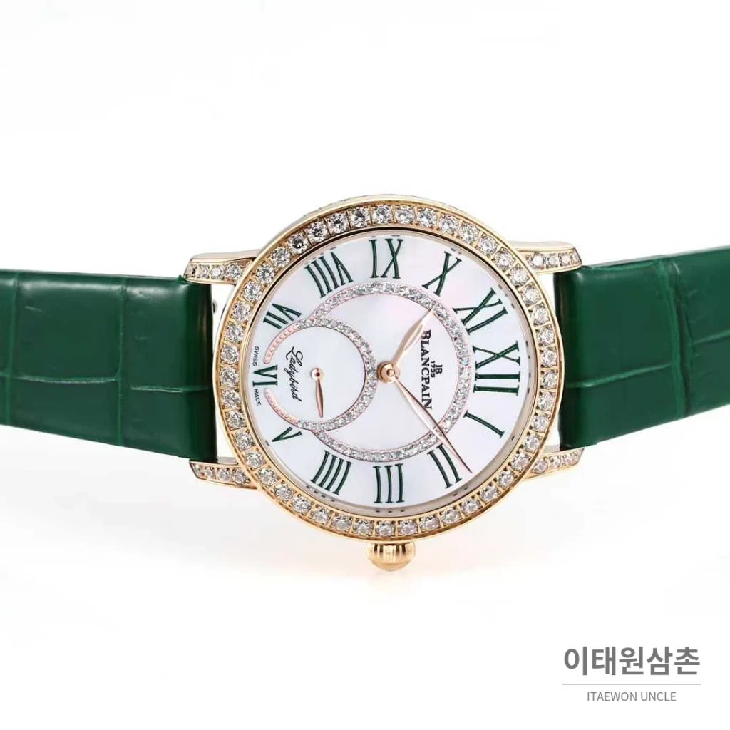 쇼파드 해피스포트 스틸 다이아몬드 자개다이얼 플로팅젬 오토매틱 36mm 화이트 그린 가죽 스트랩 로즈골드 베젤