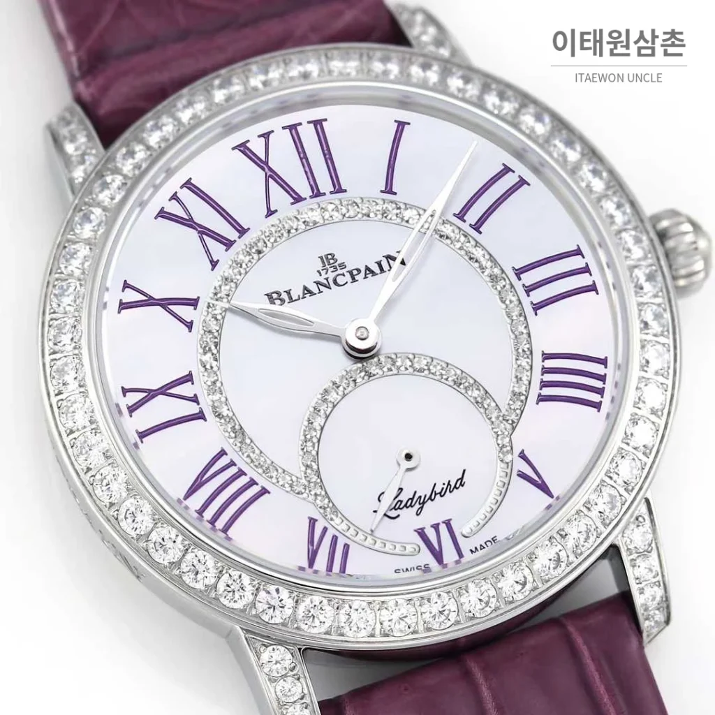 쇼파드 해피스포트 스틸 다이아몬드 자개다이얼 플로팅젬 오토매틱 36mm 화이트 퍼플 가죽 스트랩 실버 베젤