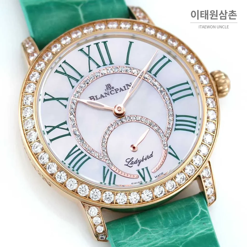 쇼파드 해피스포트 스틸 다이아몬드 자개다이얼 플로팅젬 오토매틱 36mm 화이트 민트 가죽 스트랩 로즈골드 베젤