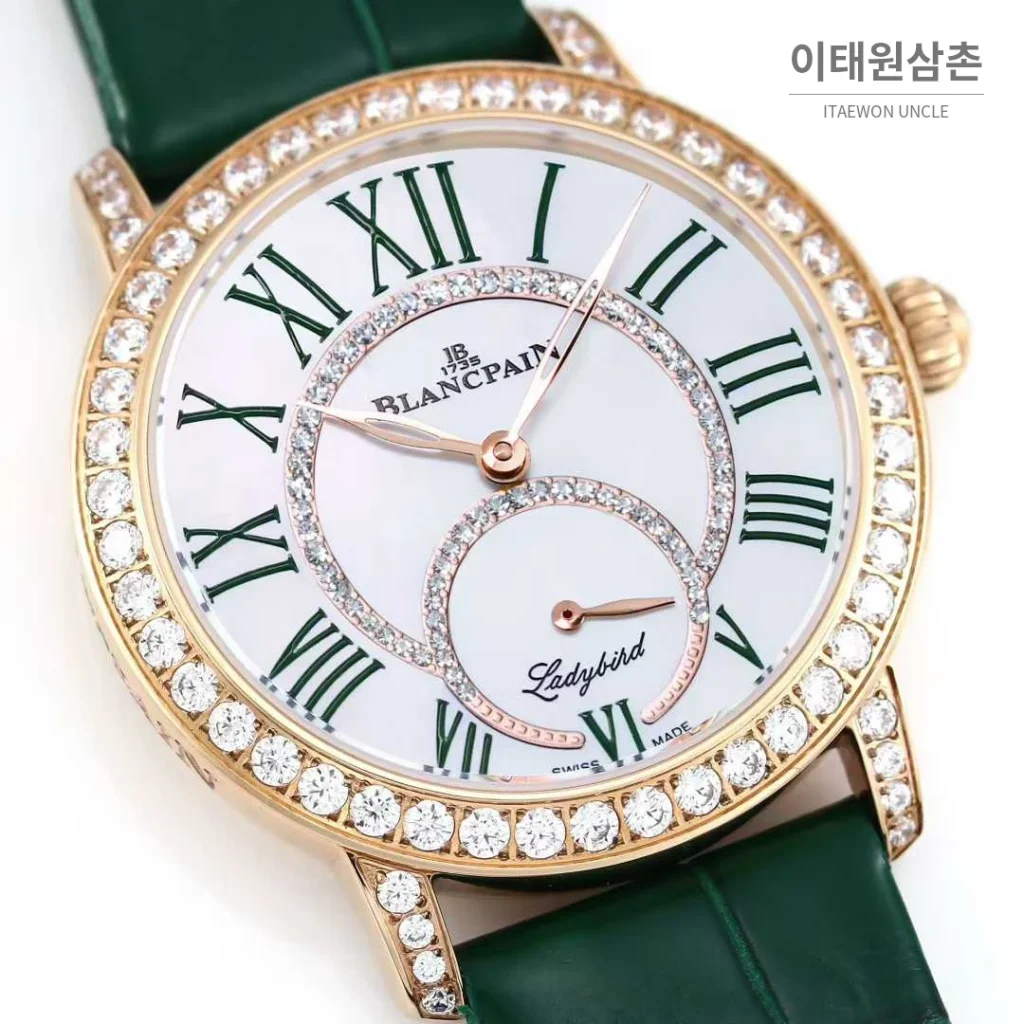 쇼파드 해피스포트 스틸 다이아몬드 자개다이얼 플로팅젬 오토매틱 36mm 화이트 그린 가죽 스트랩 로즈골드 베젤