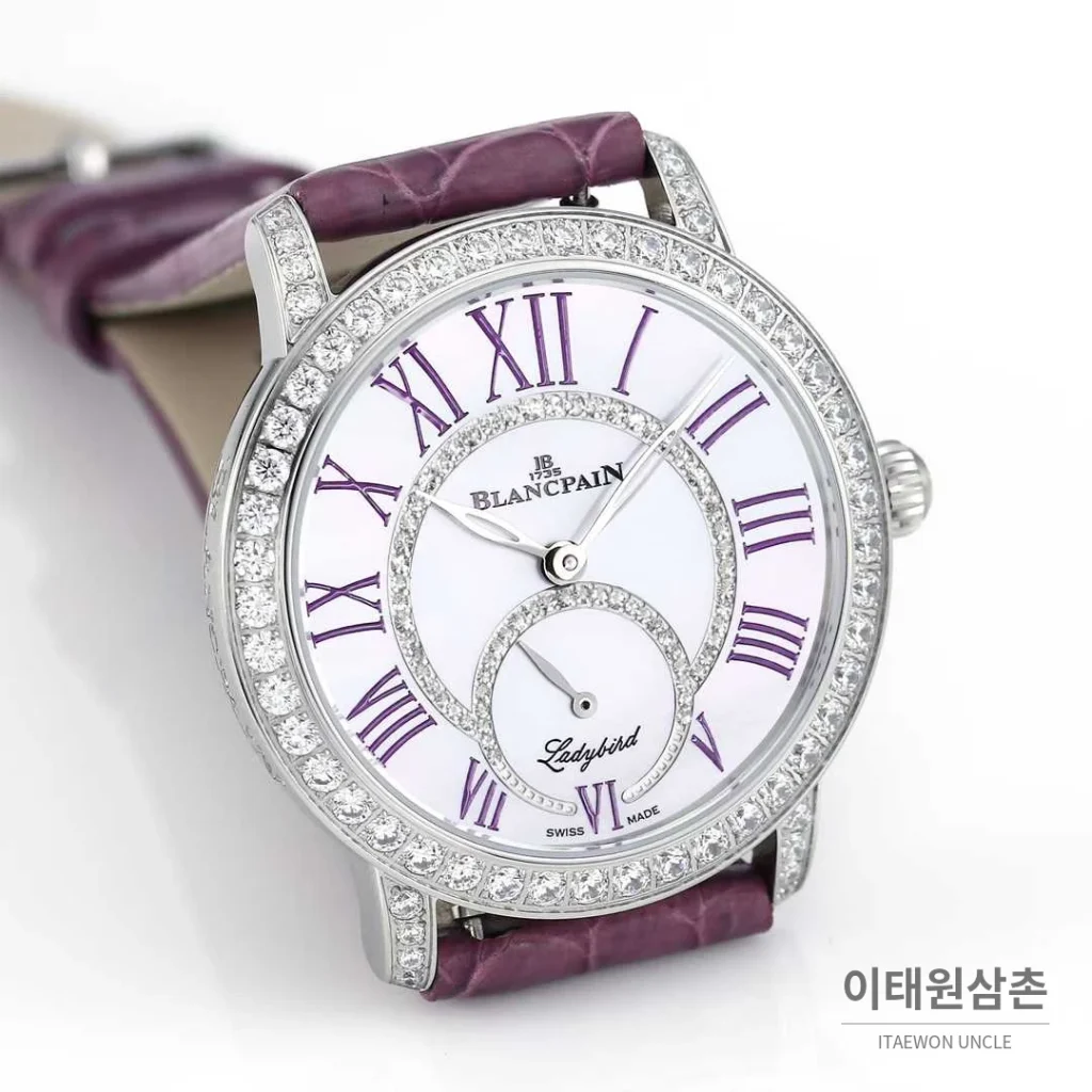 쇼파드 해피스포트 스틸 다이아몬드 자개다이얼 플로팅젬 오토매틱 36mm 화이트 퍼플 가죽 스트랩 실버 베젤