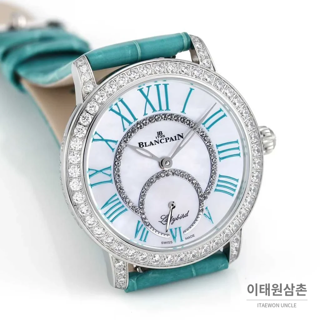 쇼파드 해피스포트 스틸 다이아몬드 자개다이얼 플로팅젬 오토매틱 36mm 화이트 민트 가죽 스트랩 실버 베젤