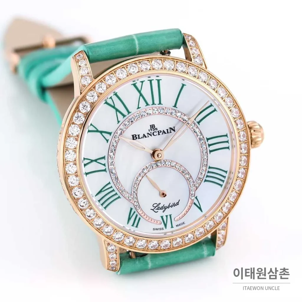 쇼파드 해피스포트 스틸 다이아몬드 자개다이얼 플로팅젬 오토매틱 36mm 화이트 민트 가죽 스트랩 로즈골드 베젤