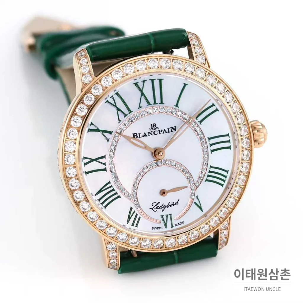 쇼파드 해피스포트 스틸 다이아몬드 자개다이얼 플로팅젬 오토매틱 36mm 화이트 그린 가죽 스트랩 로즈골드 베젤