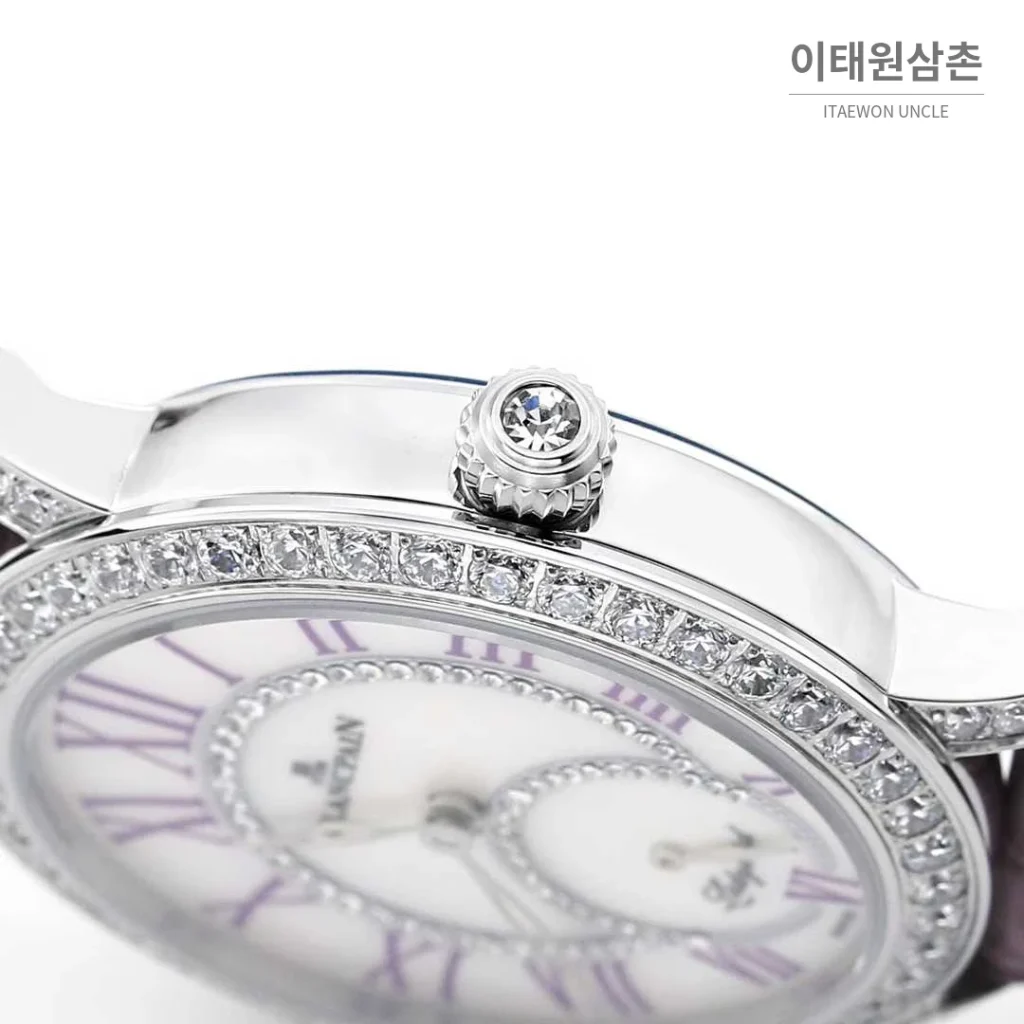 쇼파드 해피스포트 스틸 다이아몬드 자개다이얼 플로팅젬 오토매틱 36mm 화이트 퍼플 가죽 스트랩 실버 베젤