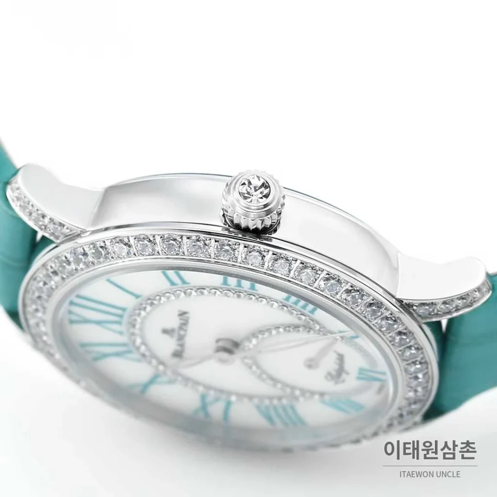 쇼파드 해피스포트 스틸 다이아몬드 자개다이얼 플로팅젬 오토매틱 36mm 화이트 민트 가죽 스트랩 실버 베젤