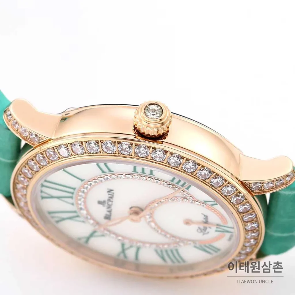 쇼파드 해피스포트 스틸 다이아몬드 자개다이얼 플로팅젬 오토매틱 36mm 화이트 민트 가죽 스트랩 로즈골드 베젤