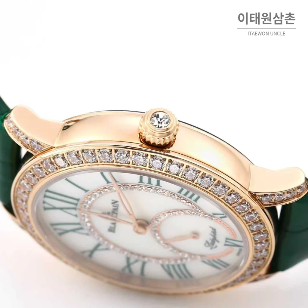 쇼파드 해피스포트 스틸 다이아몬드 자개다이얼 플로팅젬 오토매틱 36mm 화이트 그린 가죽 스트랩 로즈골드 베젤