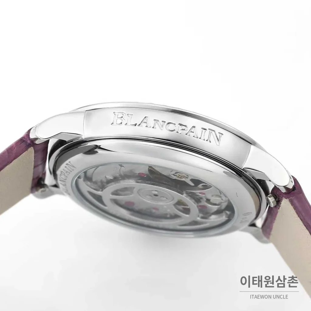 쇼파드 해피스포트 스틸 다이아몬드 자개다이얼 플로팅젬 오토매틱 36mm 화이트 퍼플 가죽 스트랩 실버 베젤