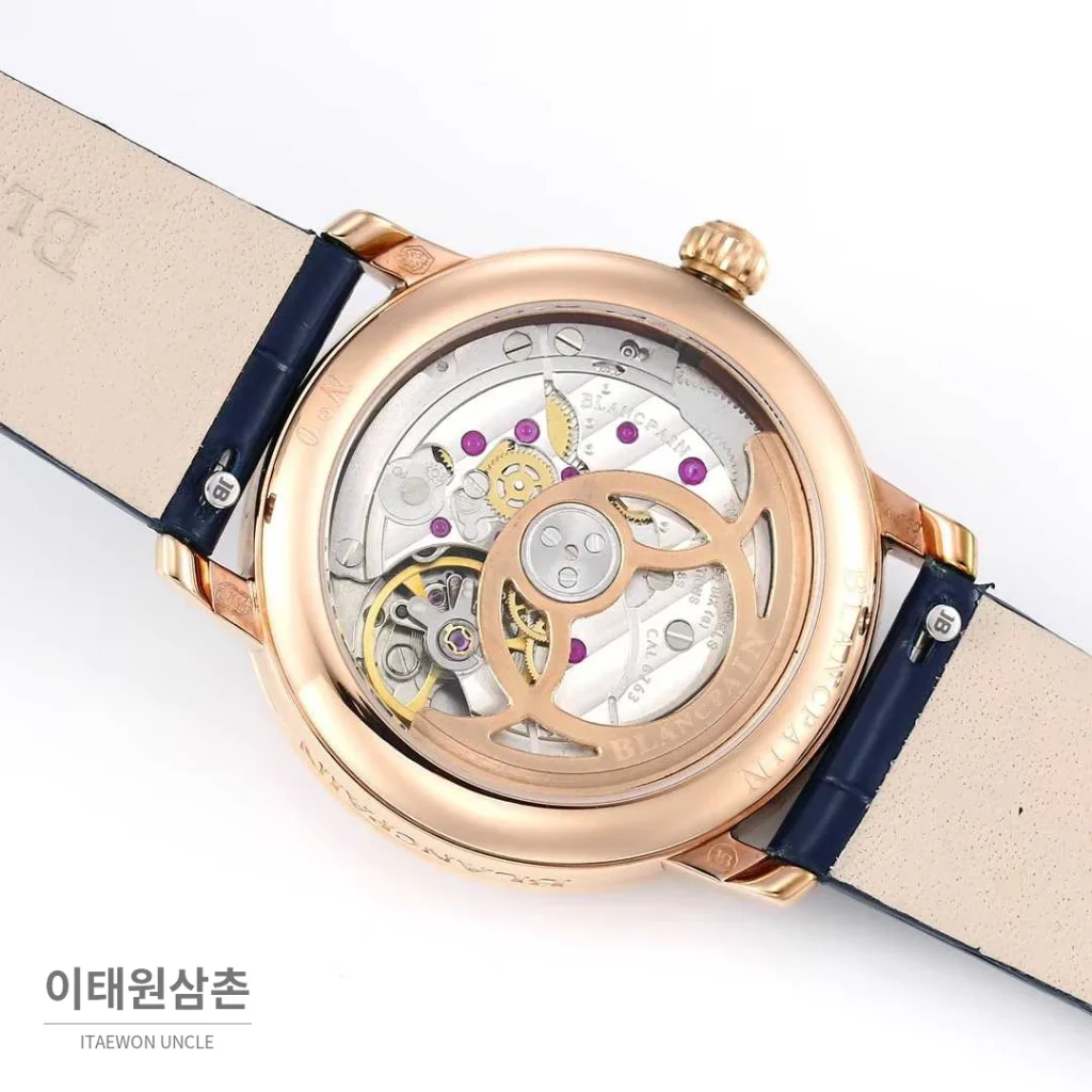 쇼파드 해피스포트 스틸 다이아몬드 자개다이얼 플로팅젬 오토매틱 36mm 화이트 네이비 가죽 스트랩 로즈골드 베젤