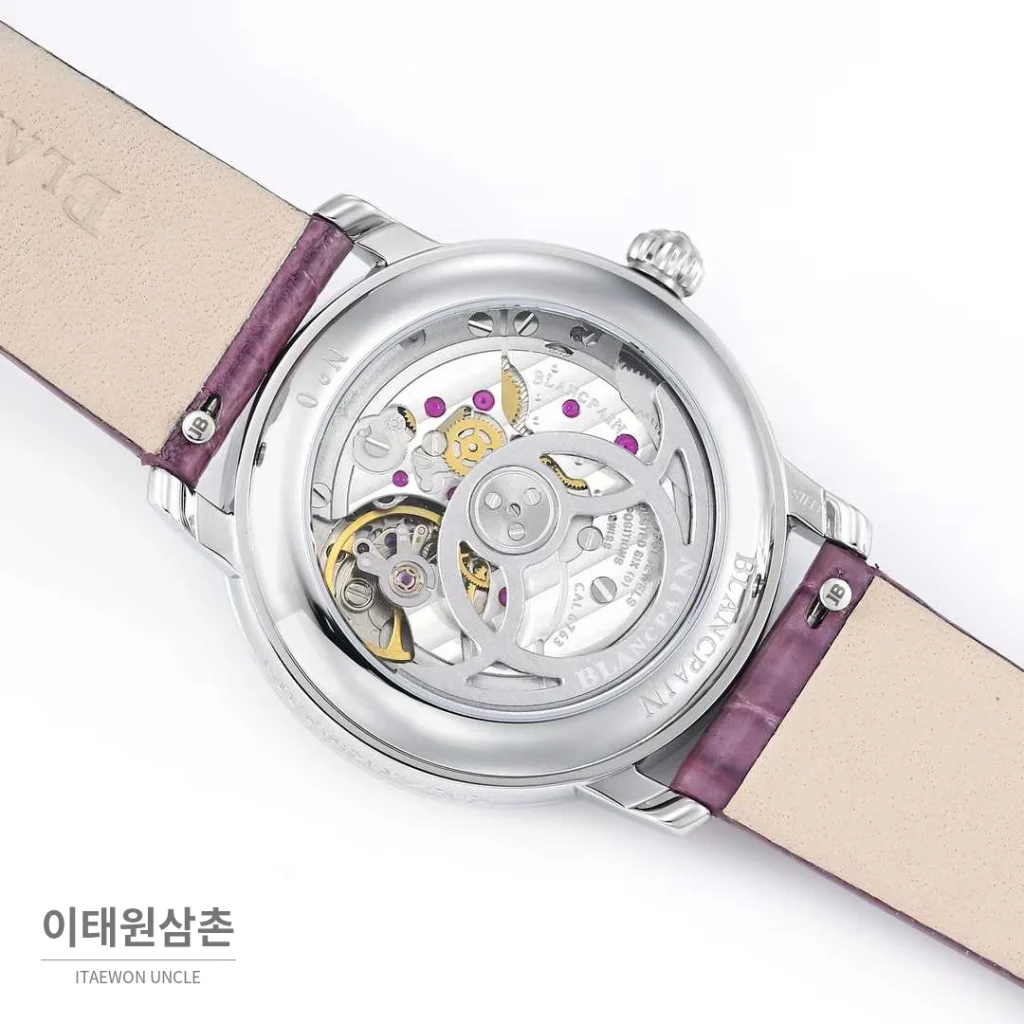 쇼파드 해피스포트 스틸 다이아몬드 자개다이얼 플로팅젬 오토매틱 36mm 화이트 퍼플 가죽 스트랩 실버 베젤