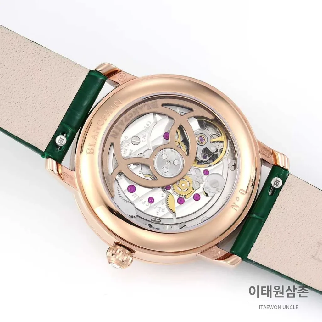 쇼파드 해피스포트 스틸 다이아몬드 자개다이얼 플로팅젬 오토매틱 36mm 화이트 그린 가죽 스트랩 로즈골드 베젤
