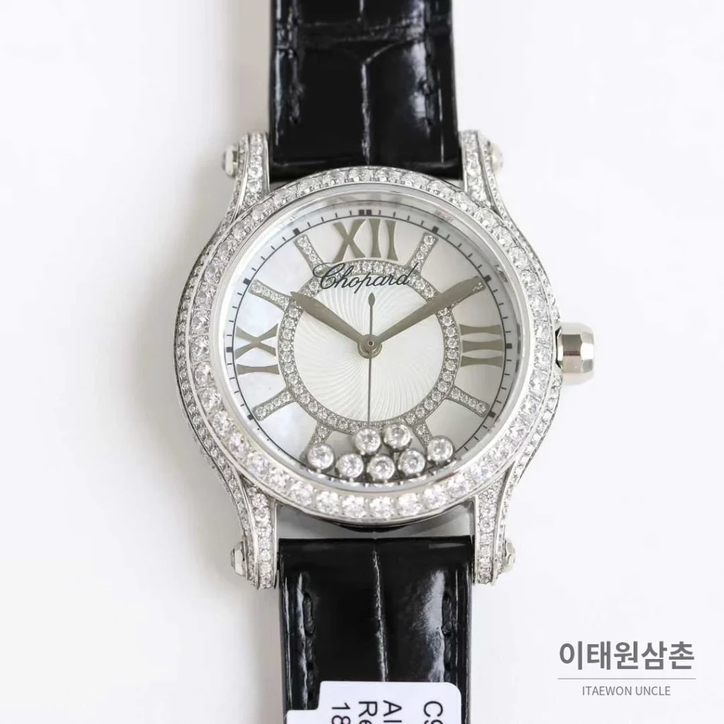 쇼파드 해피스포트 스틸 풀다이아 자개다이얼 플로팅젬 오토매틱 36mm 화이트 블랙 가죽 스트랩 실버 베젤