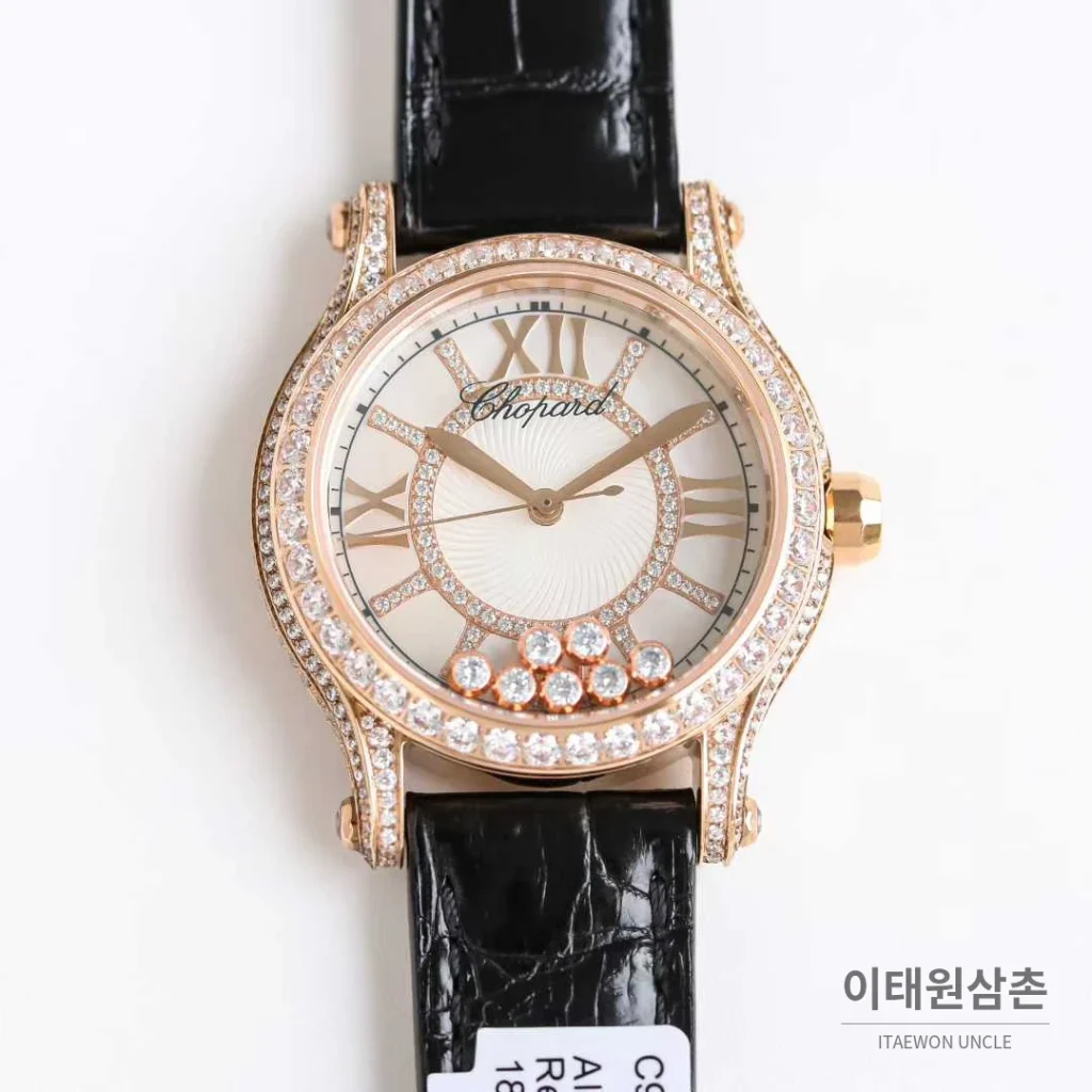 쇼파드 해피스포트 스틸 풀다이아 자개다이얼 플로팅젬 오토매틱 36mm 화이트 블랙 가죽 스트랩 로즈골드 베젤